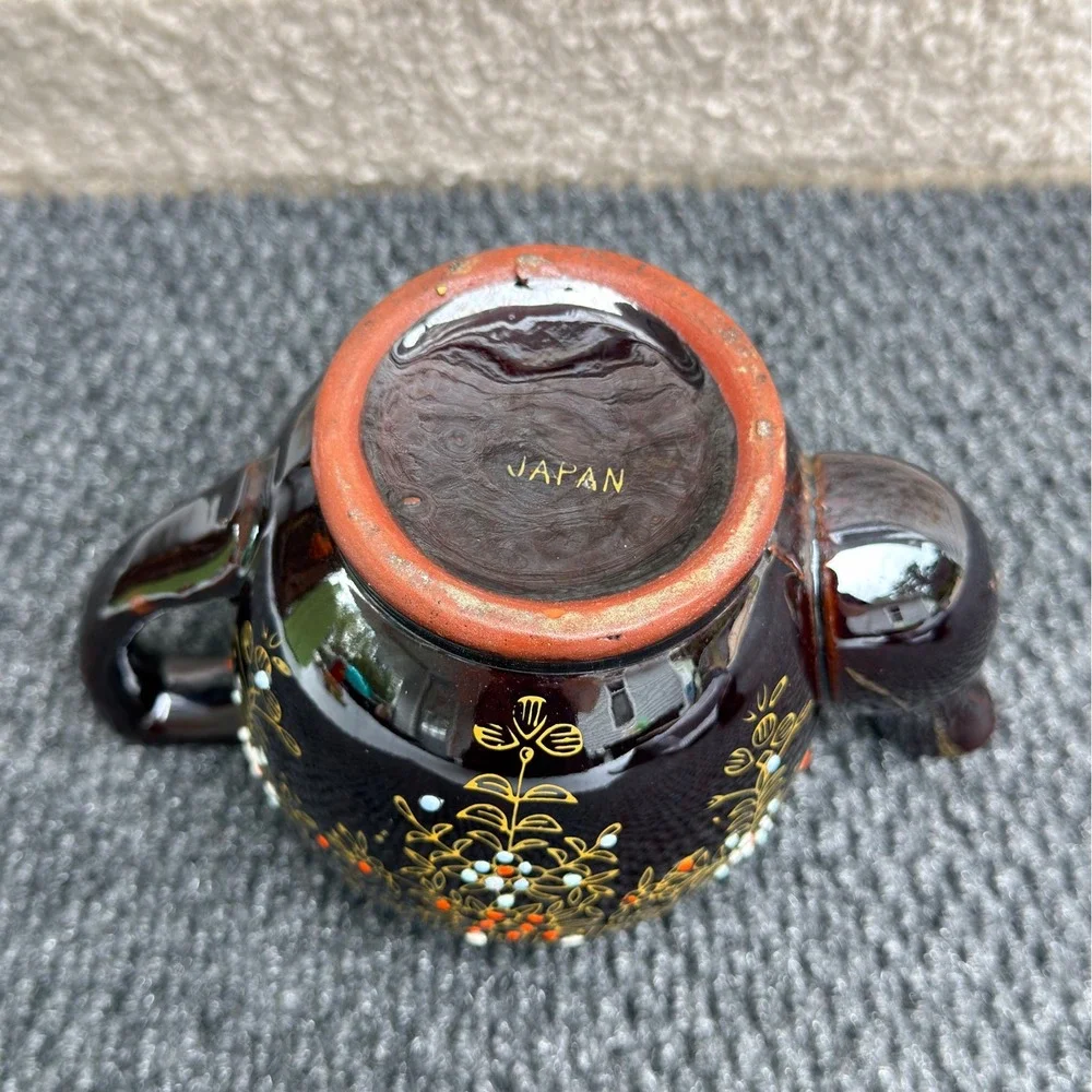 Vintage Japanese Brown Glazed Ceramic Teapot Hand Painted Floral Gold Moriage